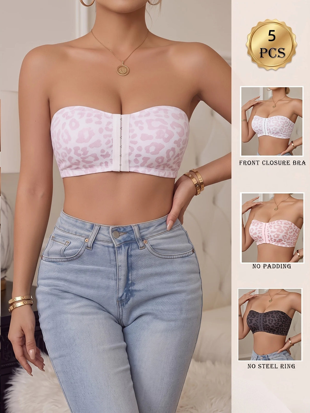 Wire-Free Front Buckle Push-Up Strapless Bra | Anti-Slip Strapless Push-Up Bra SWANS 5mix pcs S