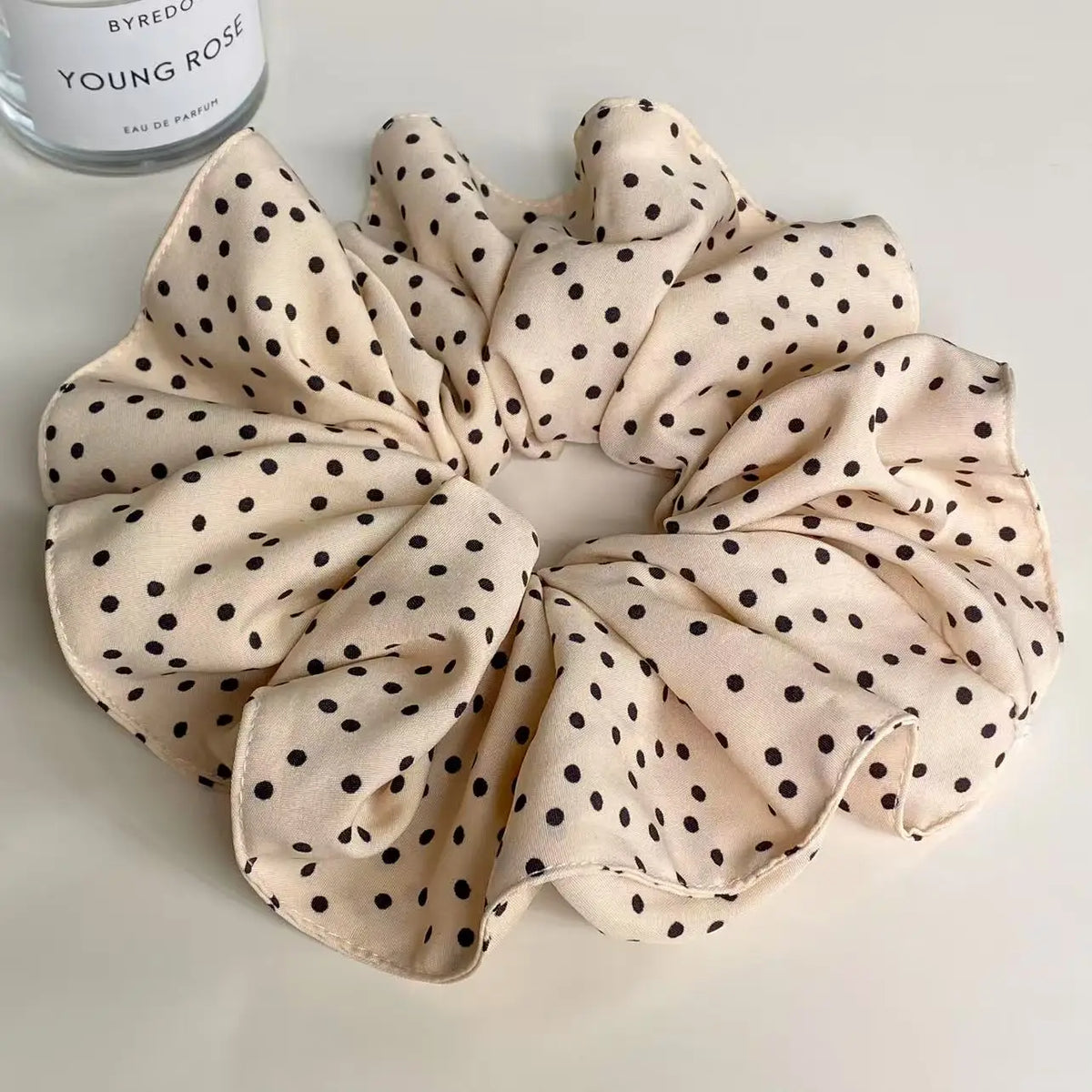 Vintage Polka Dot Chiffon Scrunchie – Large Retro Hair Tie Chiffon Hair Scrunchie SWANS beige