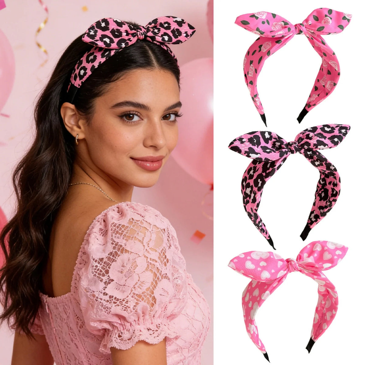 Women's Fuchsia Pink Bow Headband – Leopard, Rose & Polka Dots Bow Hair Headband SWANS