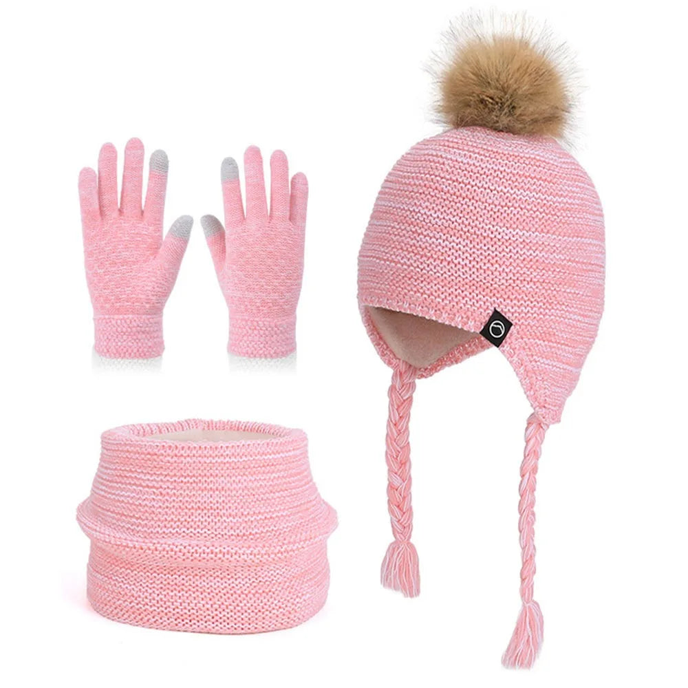 Kids Winter Hat Scarf & Gloves Set – Pompom Knit Beanie Kids Winter Set SWANS Watermelon red