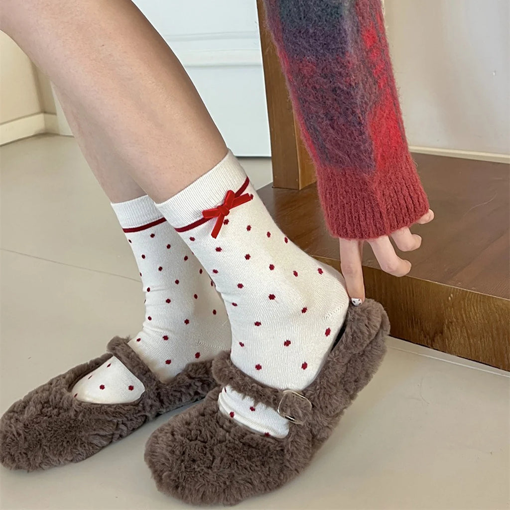 Women's Floral Bow Cotton Mid-Tube Socks – Polka Dot 2pc Women's Casual Socks SWANS