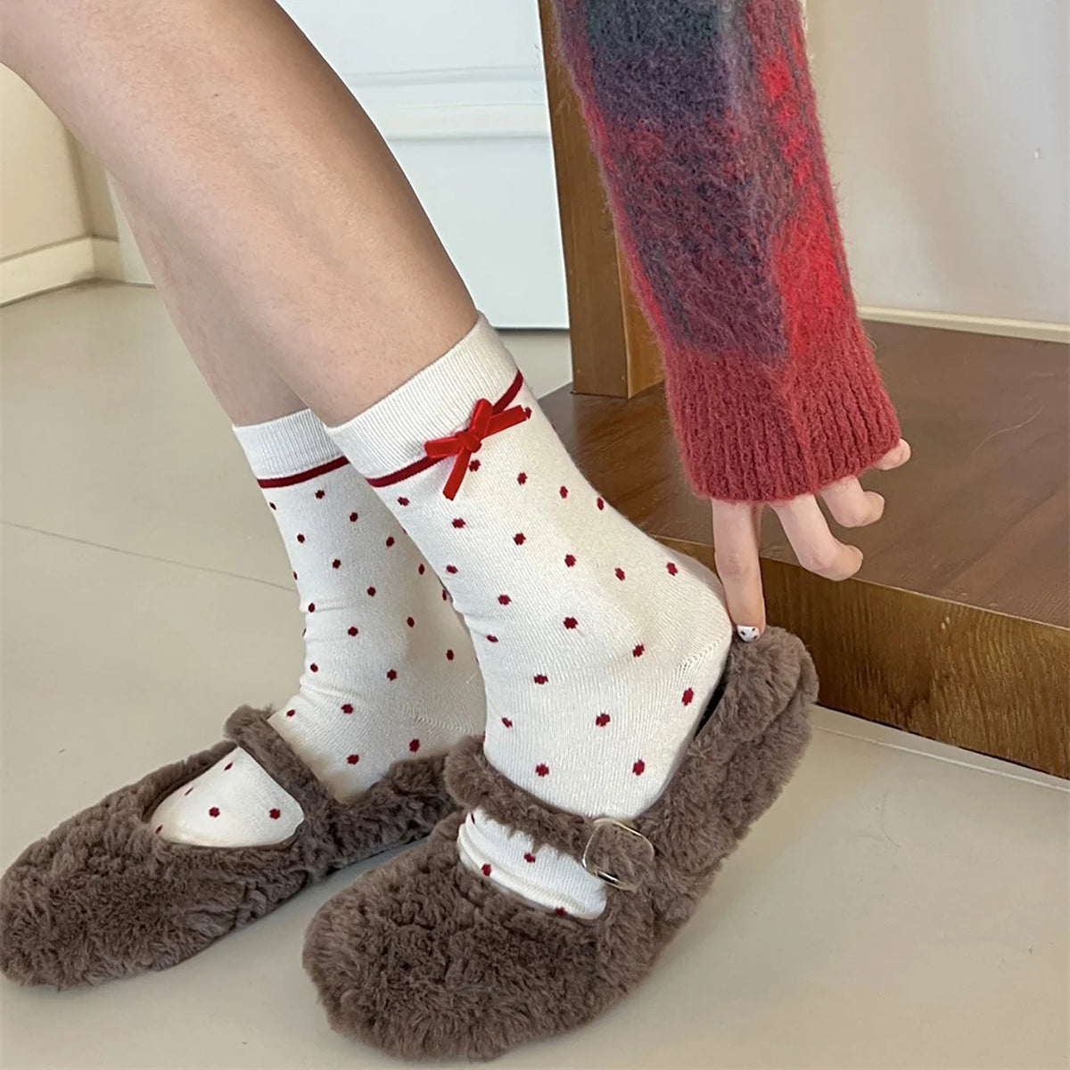 Women's Floral Bow Cotton Mid-Tube Socks – Polka Dot 2pc Women's Casual Socks SWANS