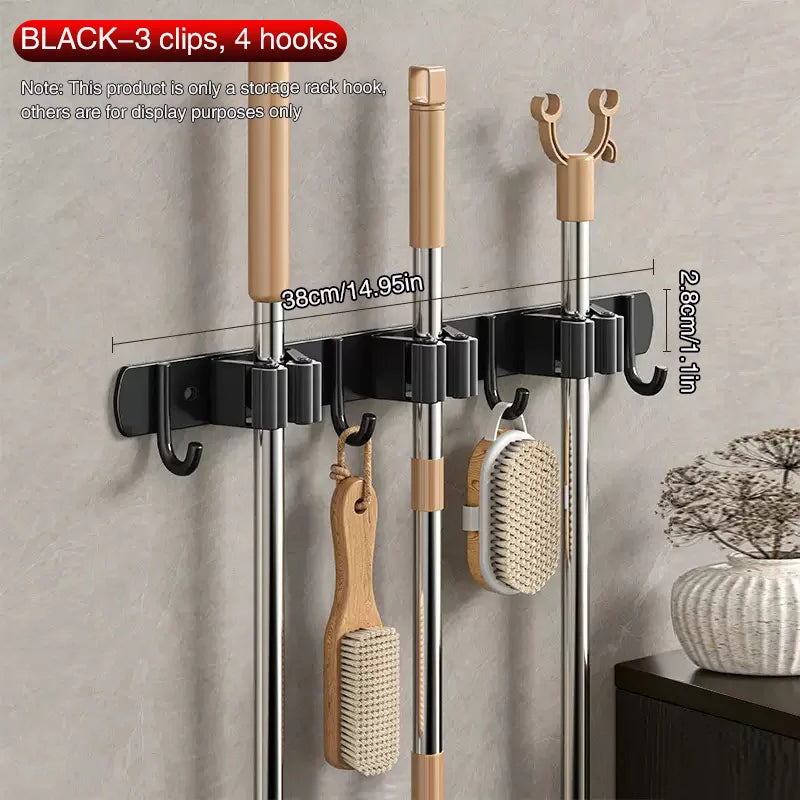 SWANS No-Drill Stainless Steel Mop & Broom Wall Organizer Wall Broom Organizer SWANS 3 clip 4 hooks BLACK M