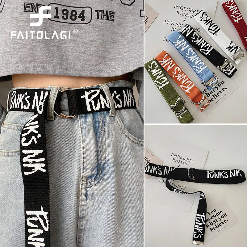 Korean Letter Canvas Belt – Unisex Harajuku D-Ring Buckle Canvas Fashion Belt SWANS