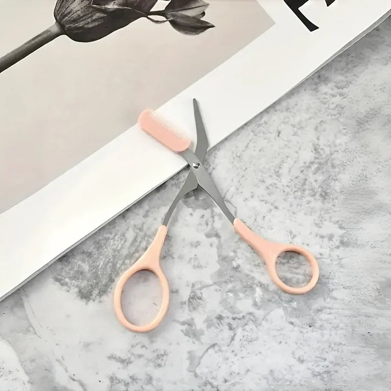 SWANS Pink Eyebrow Scissors with Built-In Comb | Precision Trim Eyebrow Grooming Scissors SWANS