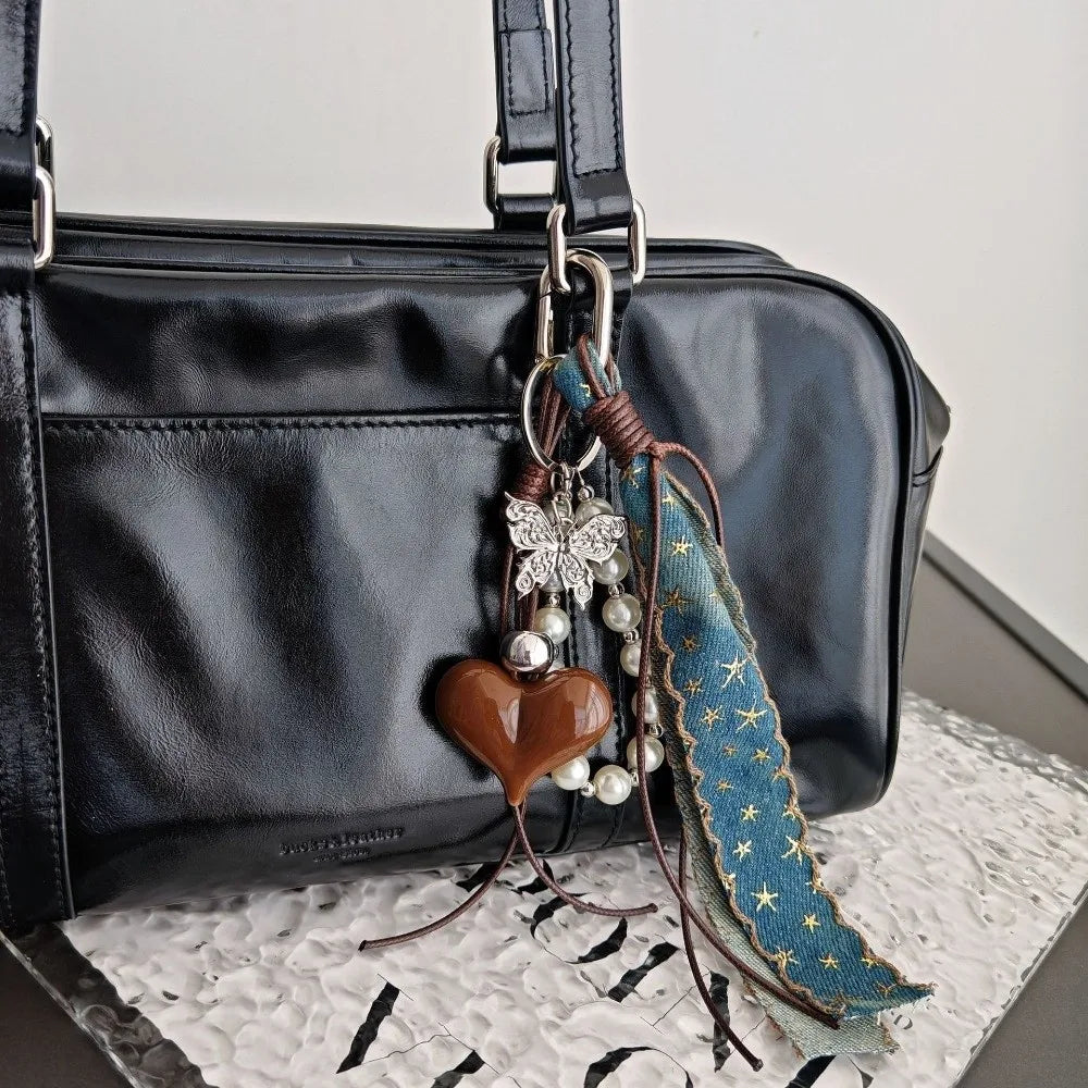 Y2K Pearl Bag Charm Keyring – Cowboy Ribbon Pendant DIY Bag Charm Keyring SWANS