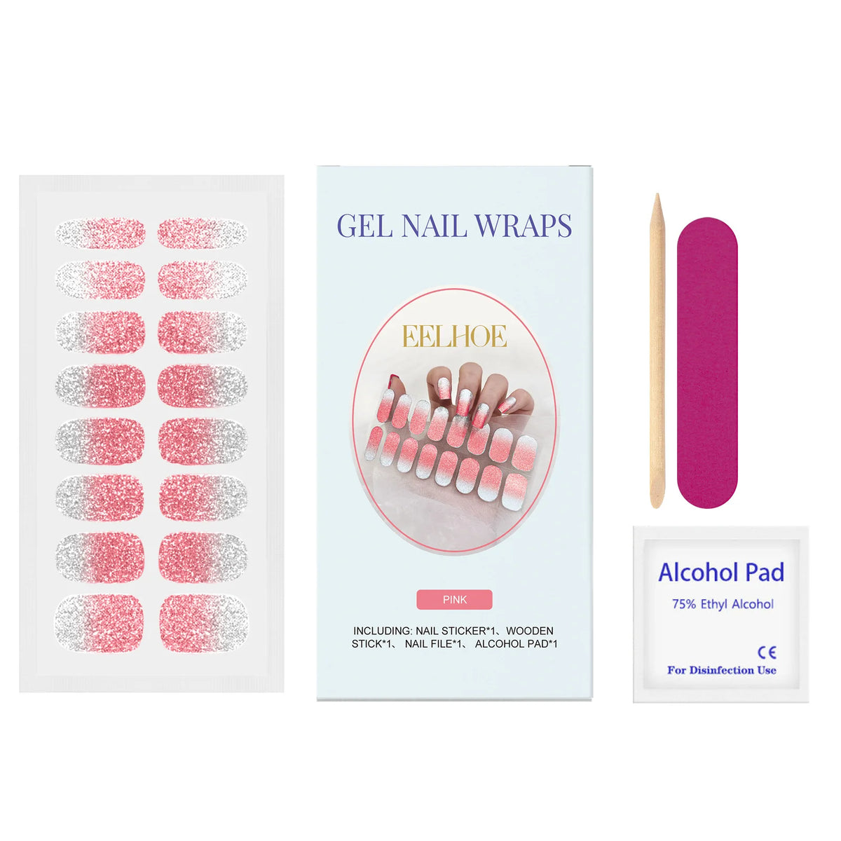 EELHOE Semi-Cured Gel Nail Stickers – Jelly Shine Gradient Gel Nail Stickers SWANS Flash Pink