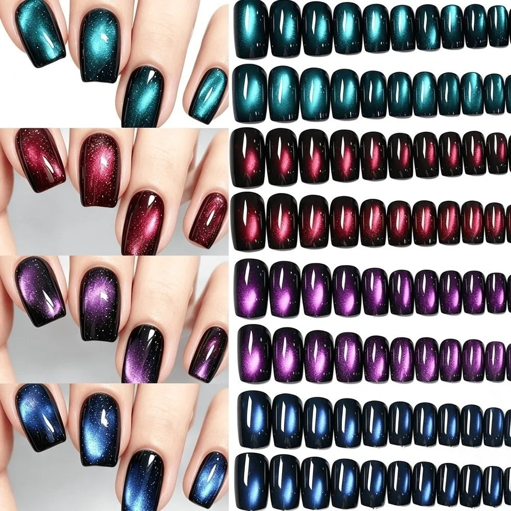 96-Pack Cat Eye Press On Nails – French Glitter Square Tips Press On Nails SWANS 96PCS