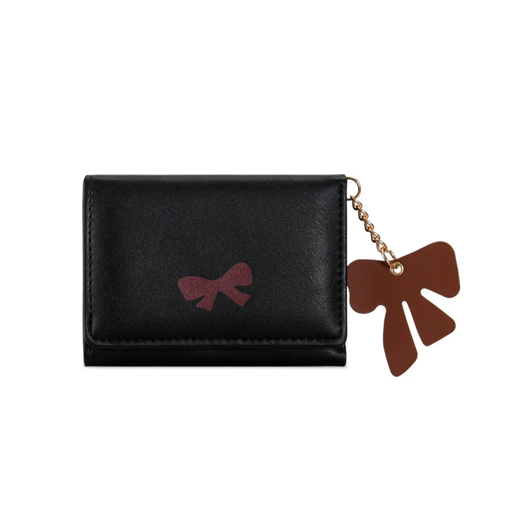 Women's Tri-Fold Coin Purse – PU Leather Bow Charm Wallet Women's Wallet SWANS Black