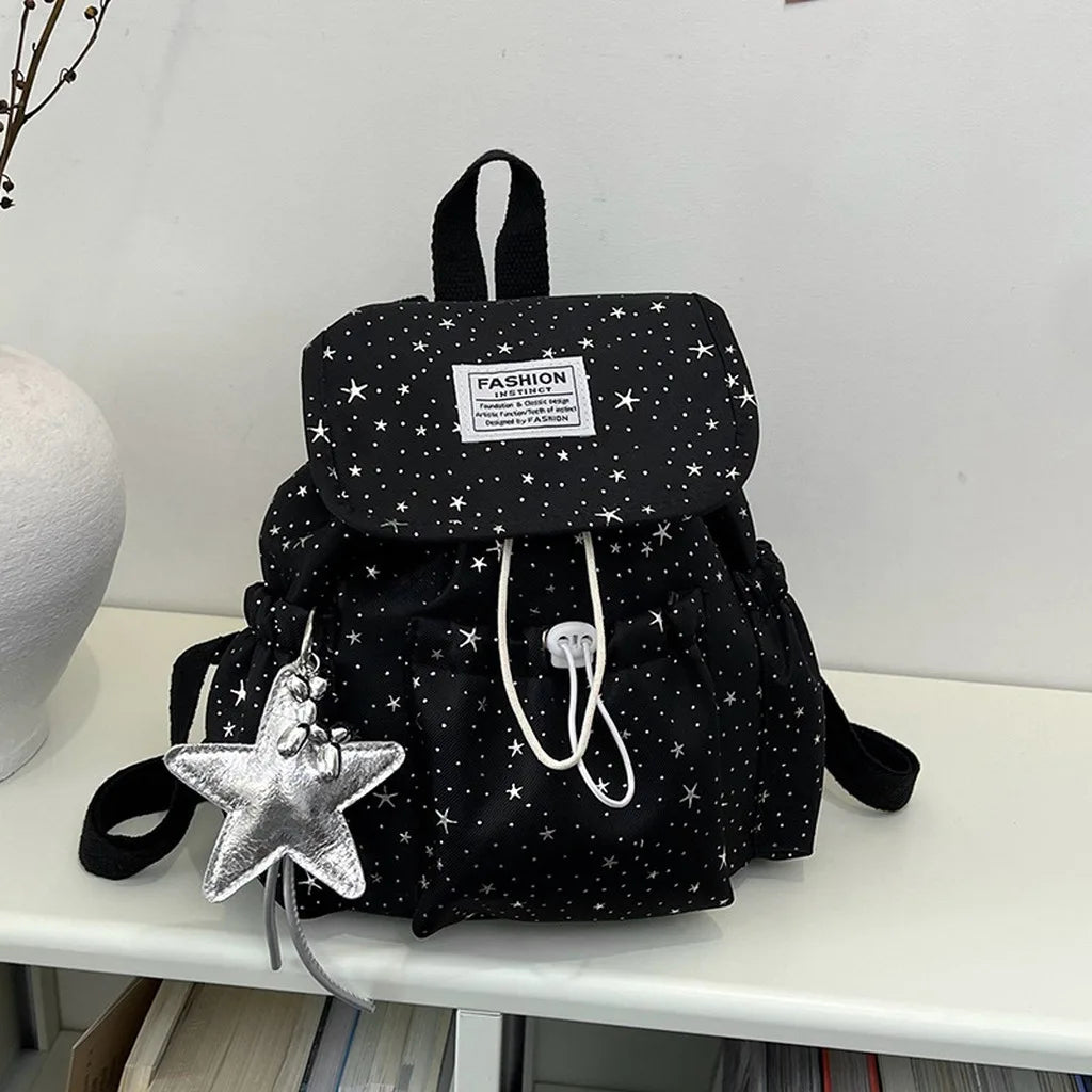 Women's Star Print Canvas Flap Backpack – Casual Daypack Canvas Flap Backpack SWANS A-with pendant