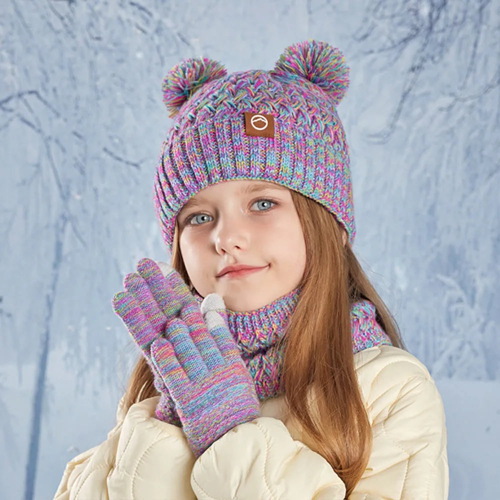 Kids Winter Hat Gloves & Scarf Set – Knit Beanie with Pom Kids Winter Accessory Set SWANS Multicolor
