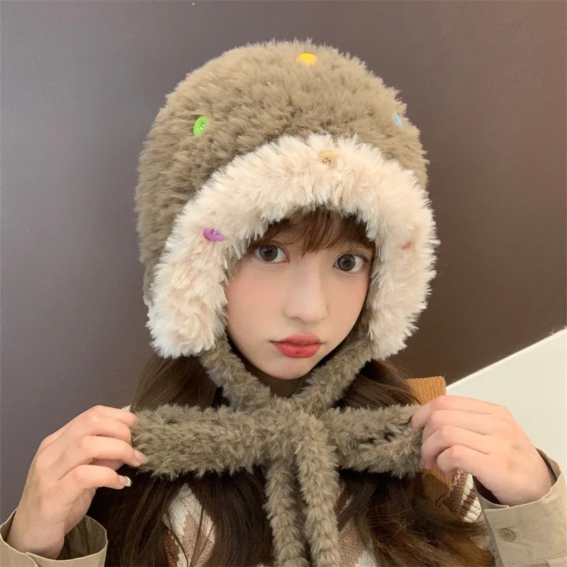 Women's Winter Plush Ear Flap Beanie – Faux Fur Knit Cap Winter Beanie Hat SWANS khaki One Size