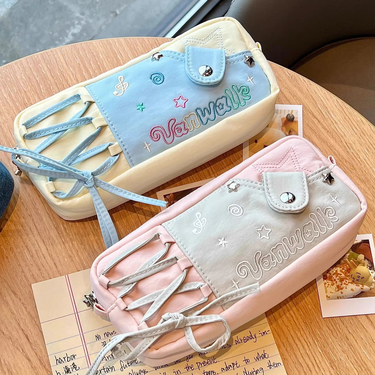 Y2K Ita Pencil Bag – Large Canvas Star Embroidery Pouch Ita Pencil Bag SWANS
