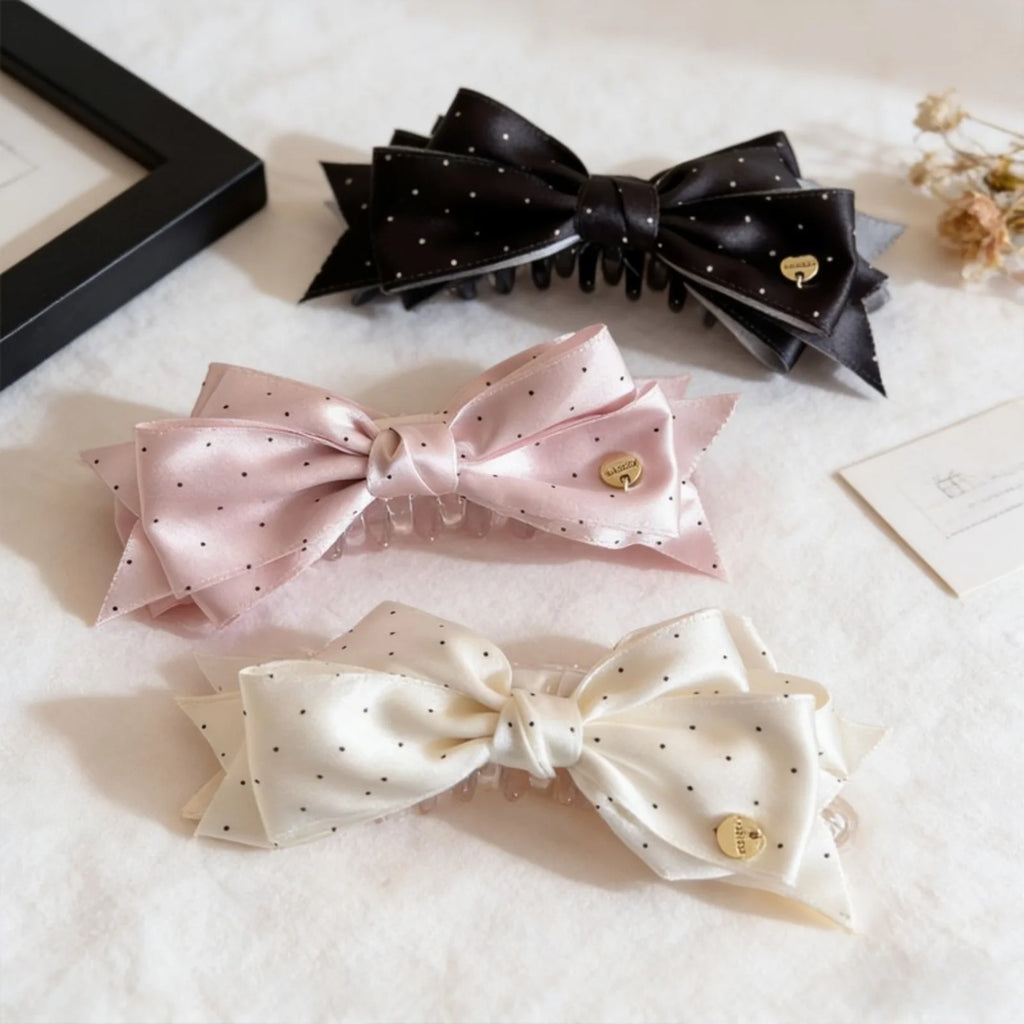 Polka Dot Satin Bow Hair Clip – Rhinestone Barrette for Women Hair Barrette Clip SWANS