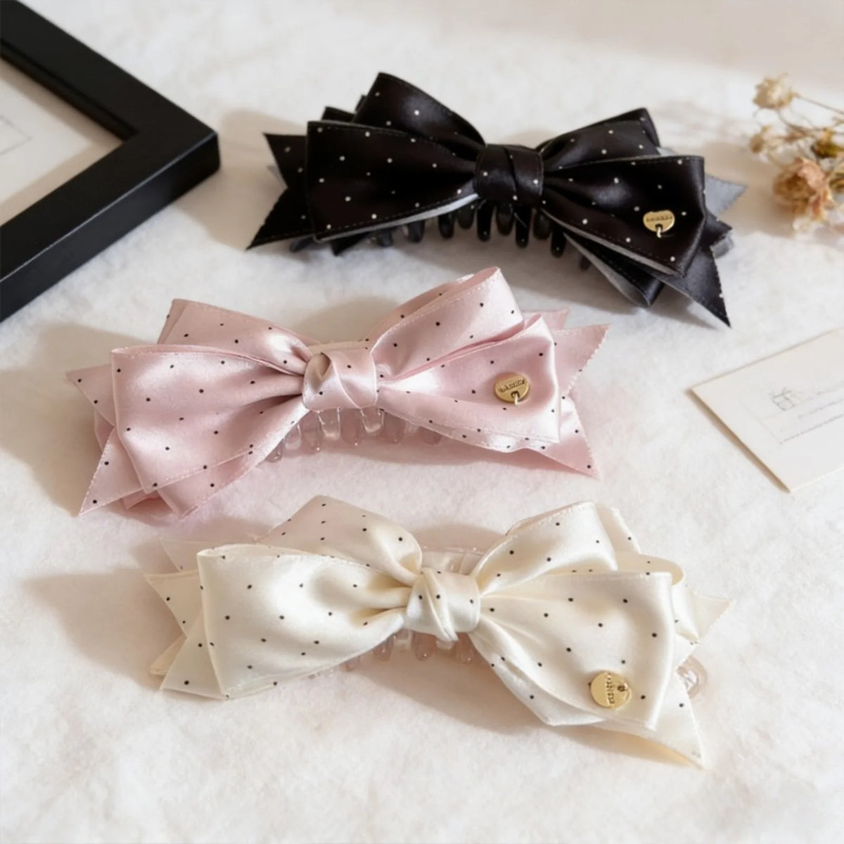 Polka Dot Satin Bow Hair Clip – Rhinestone Barrette for Women Hair Barrette Clip SWANS