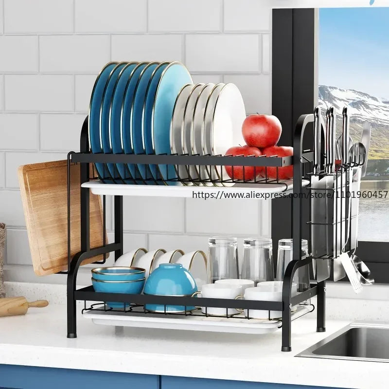 SWANS 2-Tier Dish Drainer with Drainboard & Cutting Board Holder Dish Drying Rack SWANS
