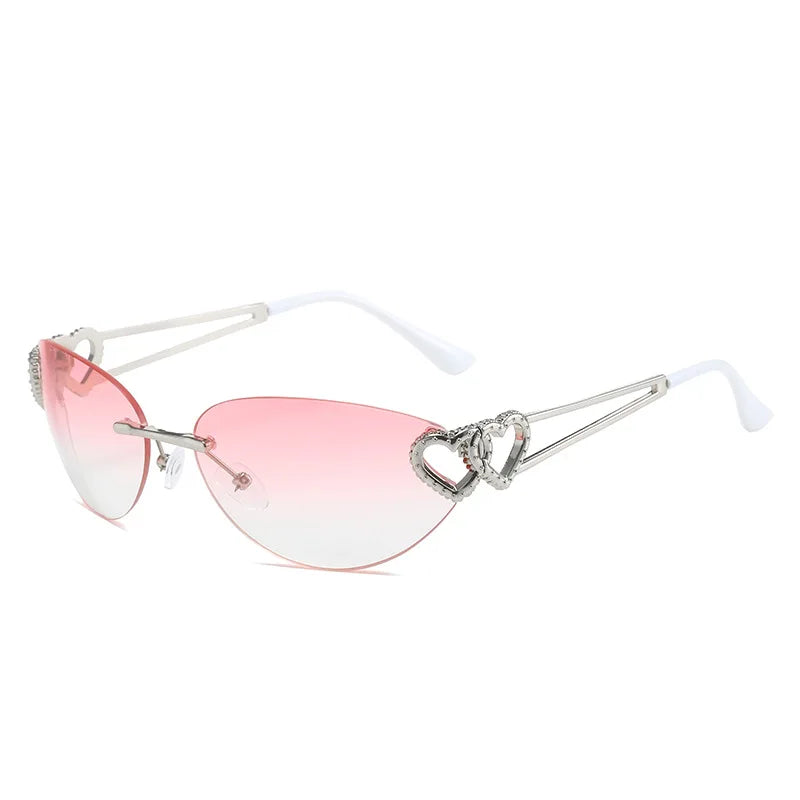 Y2K Rimless Double Heart Cat Eye Sunglasses UV400 Unisex Fashion Sunglasses SWANS Pink As the picture