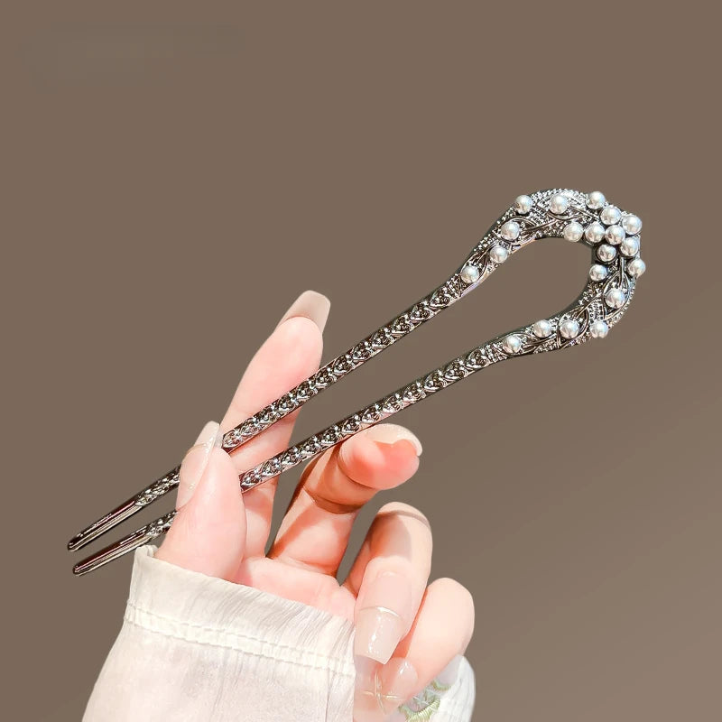 Pearl Leaf U-Shaped Hairpin – Chinese Style Hair Disc Clip U-Shaped Hairpin SWANS Gun Black