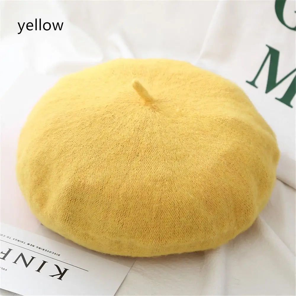 Women's French Wool Beret Hat – 24 Colors, Winter Flat Cap Women's Beret Hat SWANS yellow