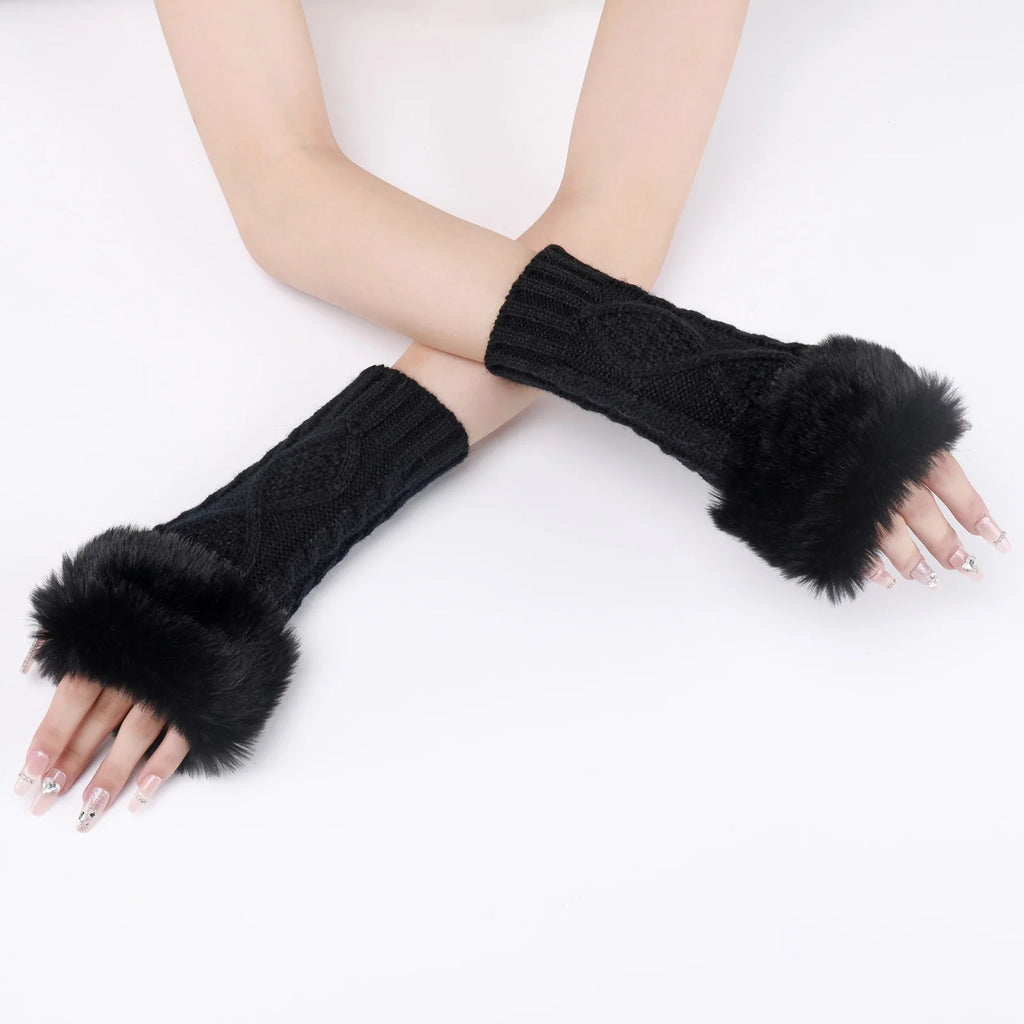 Women's Cable Knit Fingerless Gloves with Faux Fur Cuff Fingerless Gloves SWANS