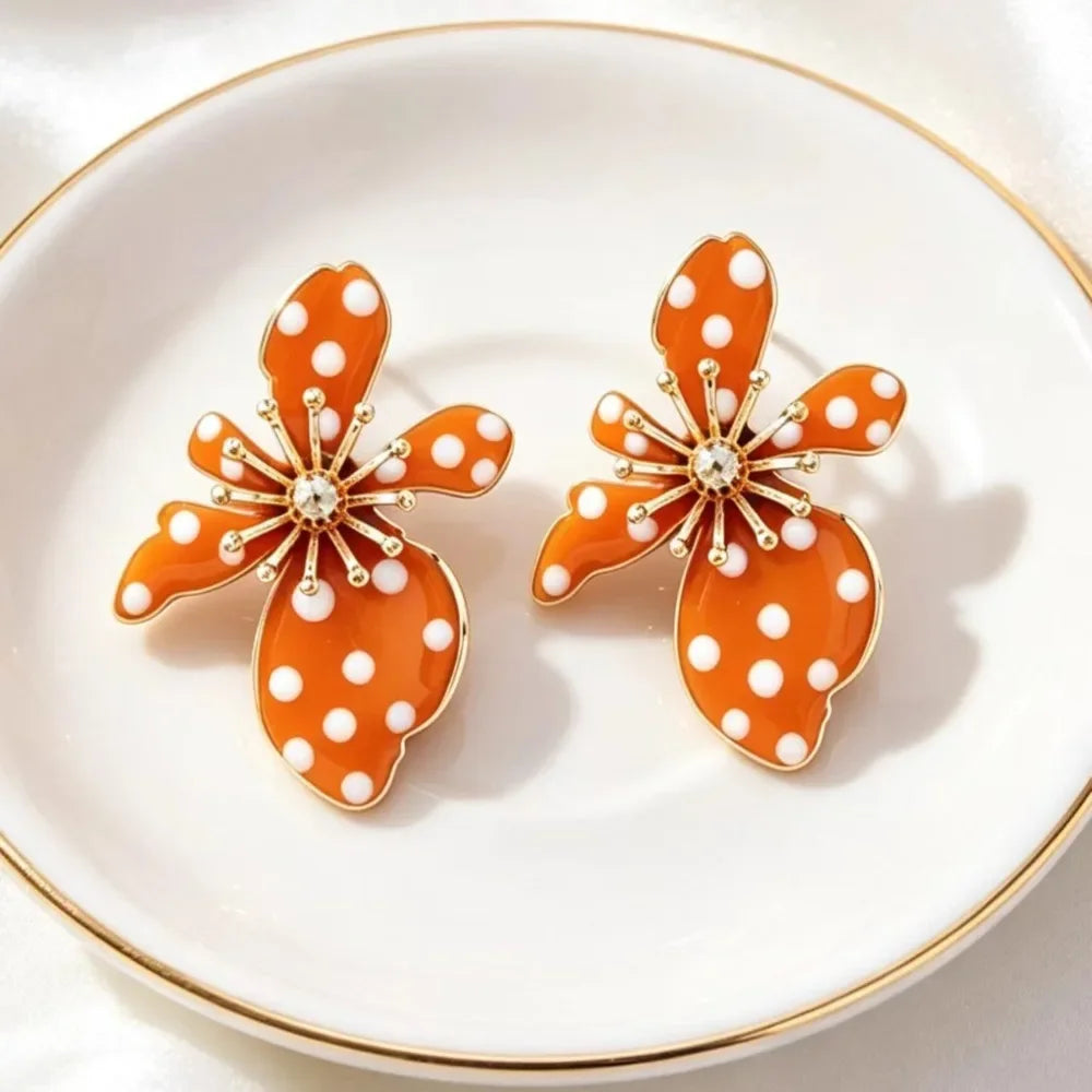 Retro Polka Dot Enamel Big Flower Stud Earrings for Women Stud Earrings SWANS