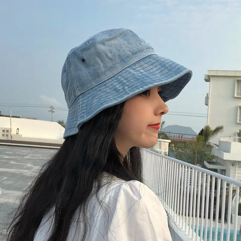 Retro Washed Denim Bucket Hat – Unisex Wide Brim Cap Denim Bucket Hat SWANS
