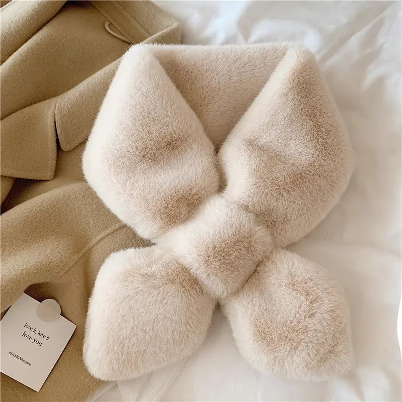 Women's Faux Rabbit Fur Collar Scarf – Plush Winter Wrap Faux Fur Scarf SWANS Beige One Size