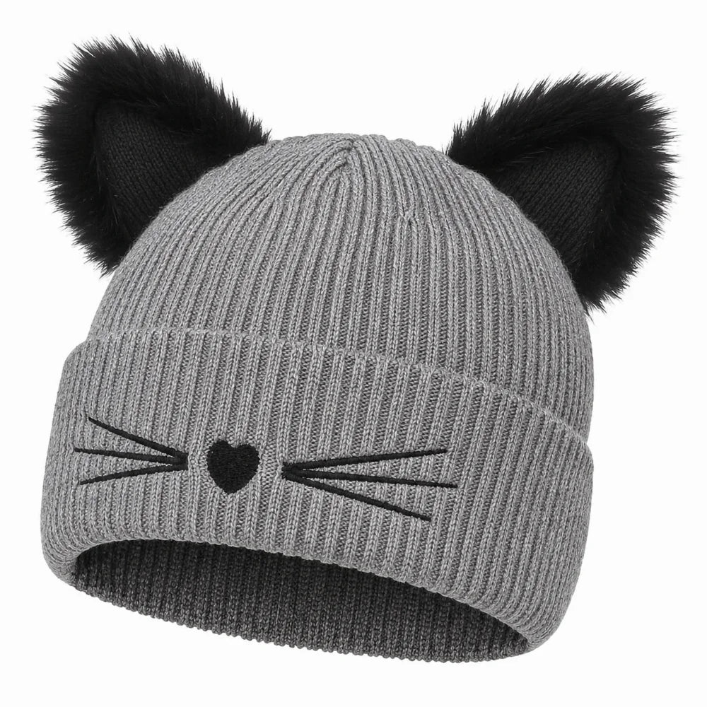 3D Cat Ear Knit Beanie Hat – Faux Fur Unisex Winter Skull Cap Knit Beanie Hat SWANS