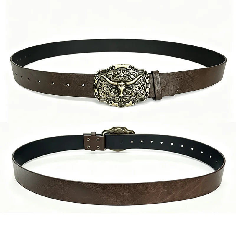 Western Cowboy PU Leather Belt – Bull Head Buckle Unisex Leather Belt SWANS