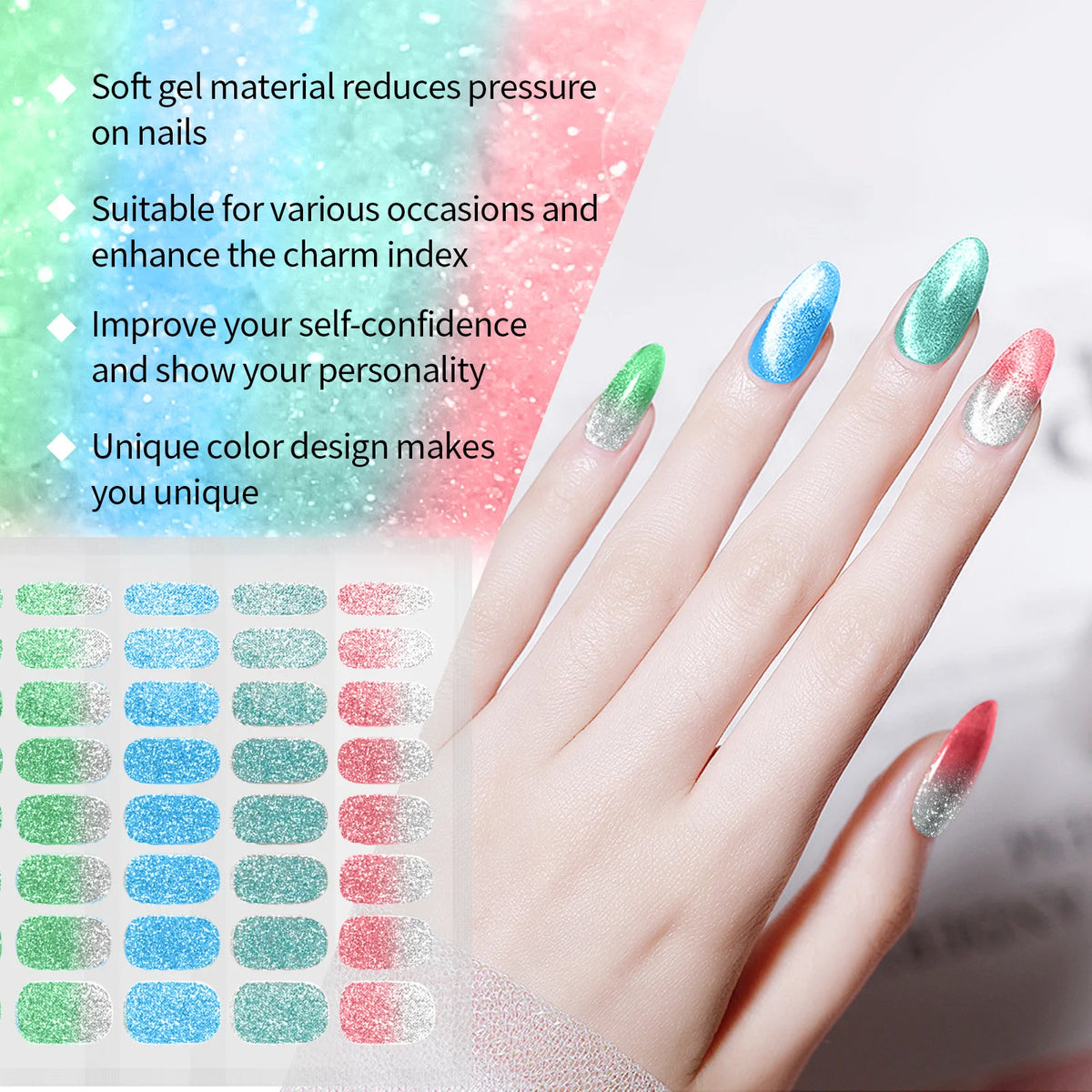 EELHOE Semi-Cured Gel Nail Stickers – Jelly Shine Gradient Gel Nail Stickers SWANS