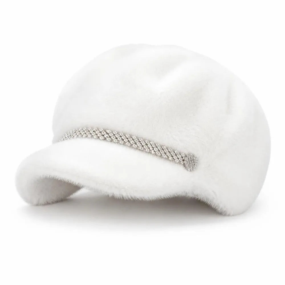 Faux Mink Fur Newsboy Beret – Rhinestone Strap Women's Winter Hat Faux Fur Beret SWANS