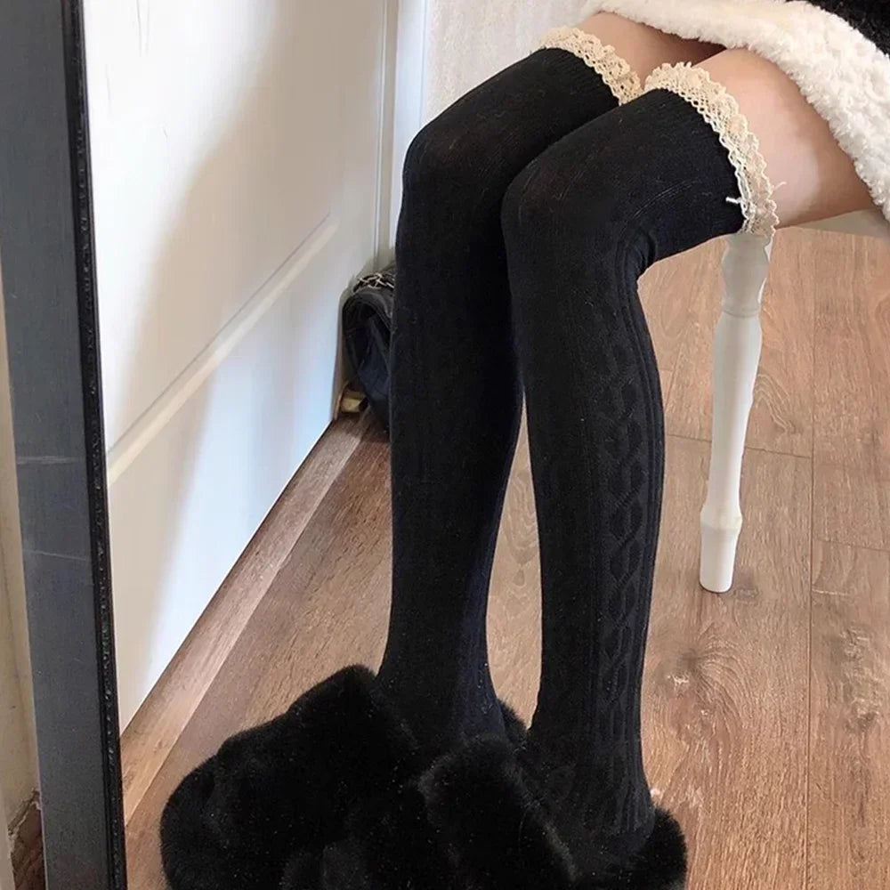 Lolita Lace-Up Thigh High Stockings – JK Over-Knee Socks Thigh High Stockings SWANS One Size black