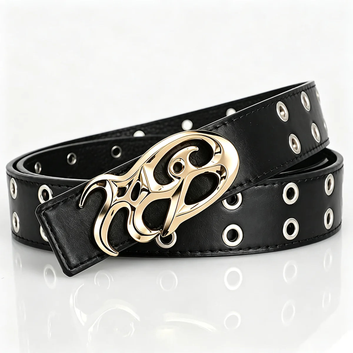 Y2K Punk Eyelet PU Belt – Flame Buckle Unisex Streetwear Punk Fashion Belt SWANS Gold buckle black 110cm