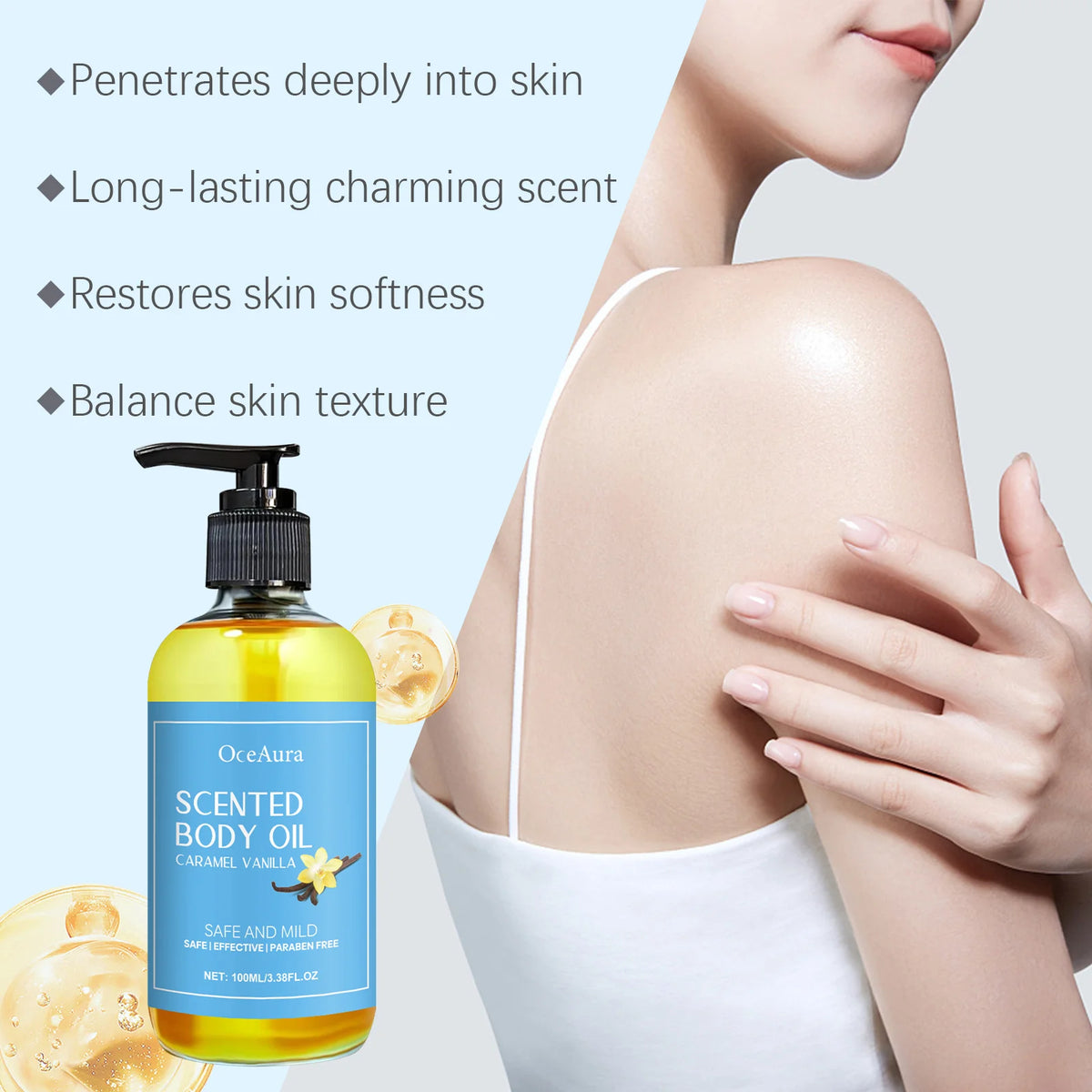 OceAura Caramel Vanilla Body Massage Oil | Hydrating Glow Oil Body Massage Oil SWANS