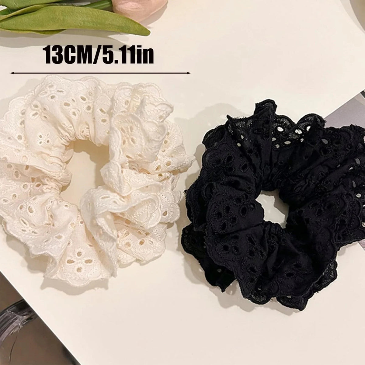 Elegant Lace Scrunchies White & Black – Hair Ties for Women Lace Hair Scrunchie SWANS