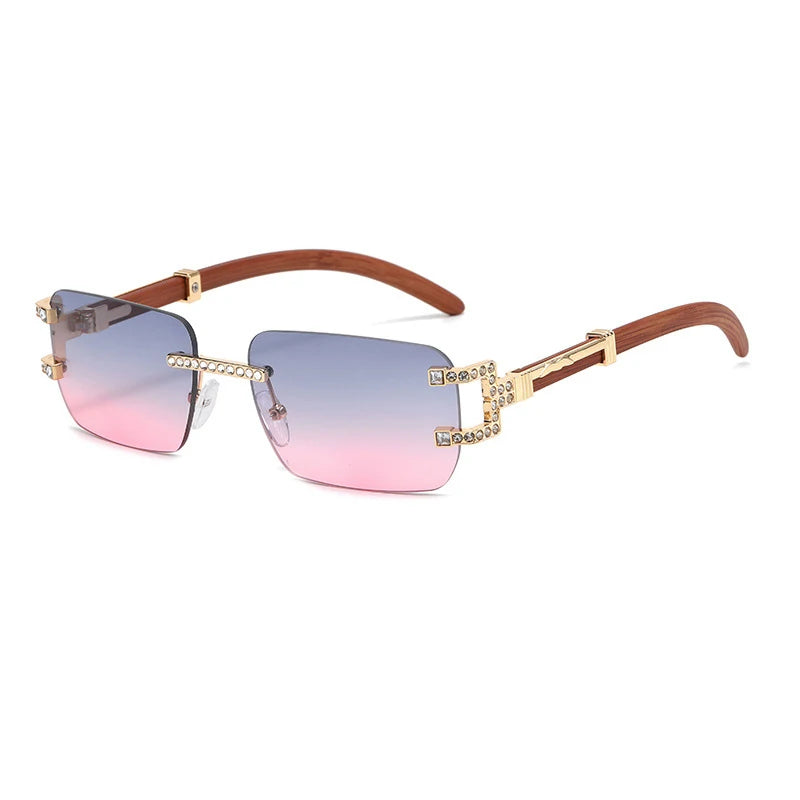 Y2K Rimless Crystal Rhinestone Sunglasses UV400 Women Men Fashion Sunglasses SWANS Gray Pink As the photo