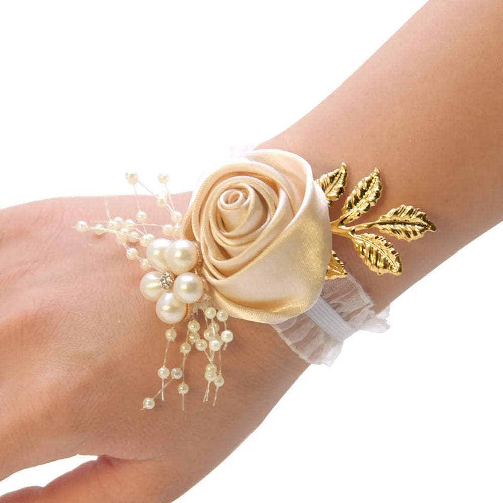 Rose Ribbon Wrist Corsage Bracelet – Wedding & Bridesmaid Wrist Corsage Bracelet SWANS champagne