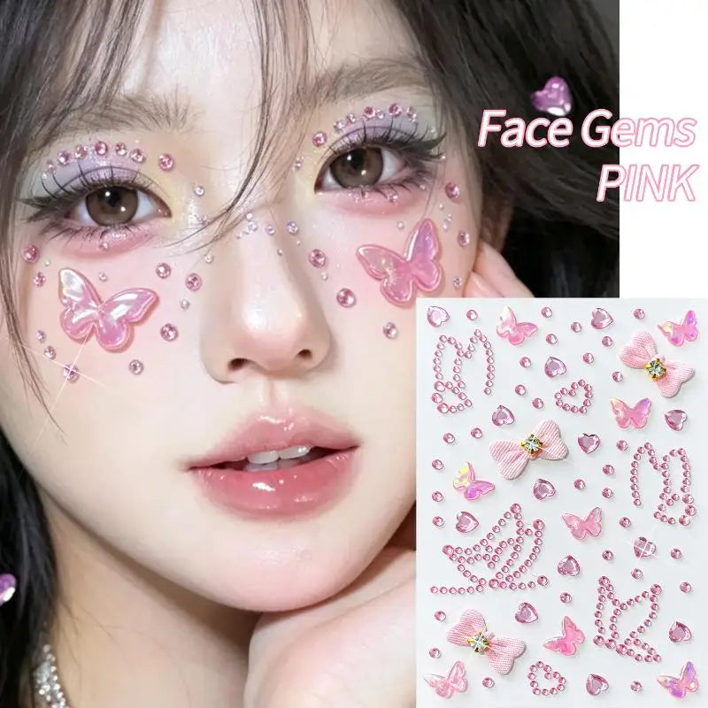 3D Rhinestone Face Jewel Stickers – Glitter Gems & Bow Sheet Face Jewel Stickers SWANS A1