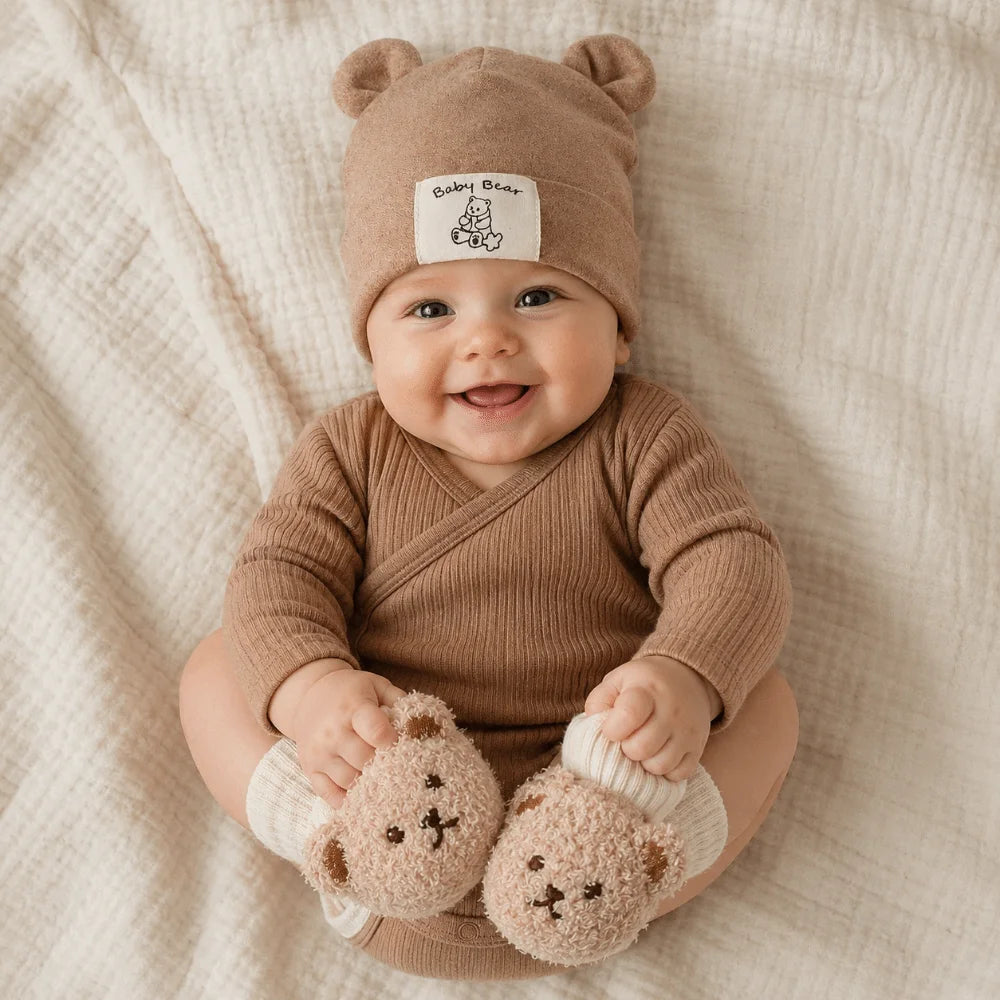 Newborn Bear Ear Beanie & Socks Set – Soft Cotton 2-Piece Baby Hat & Socks Set SWANS