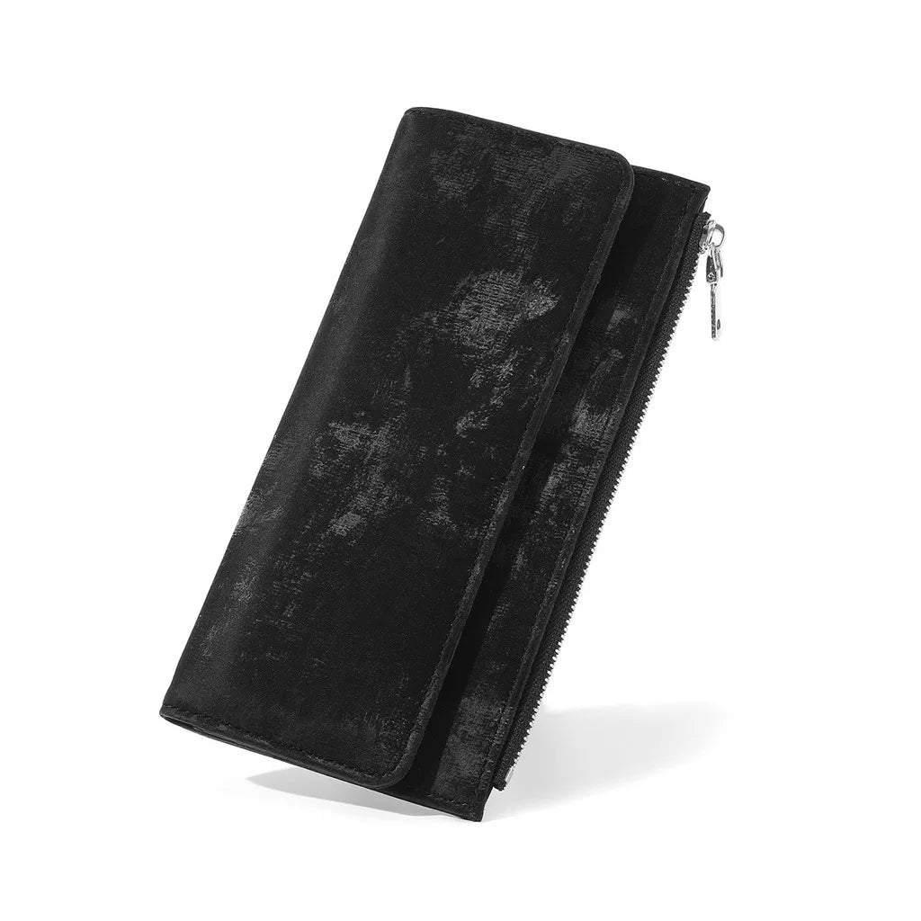 Women's Trifold Long Wallet – Water Ripple PU Leather Purse Trifold Long Wallet SWANS Black