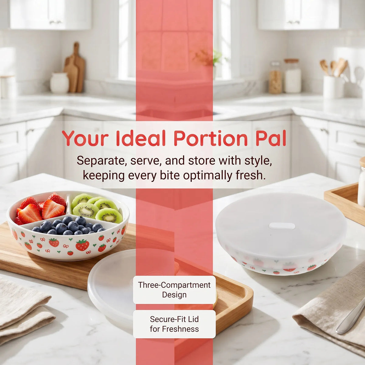 3-Compartment Ceramic Bowl with Lid | Divided Serving Dish Ceramic Serving Bowl SWANS