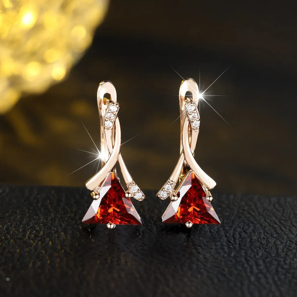 Rose Gold CZ Triangle Dangle Earrings for Women | Geometric Dangle Earrings SWANS Wine Red
