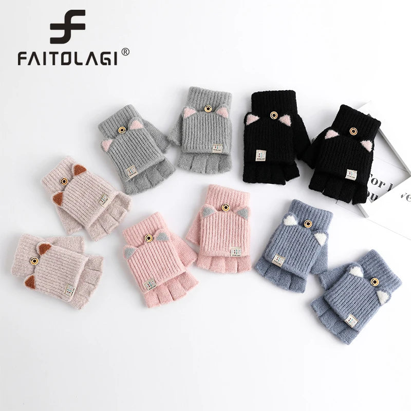Women's Flip-Top Fingerless Knitted Gloves – Winter Hand Warmers Fingerless Mittens SWANS