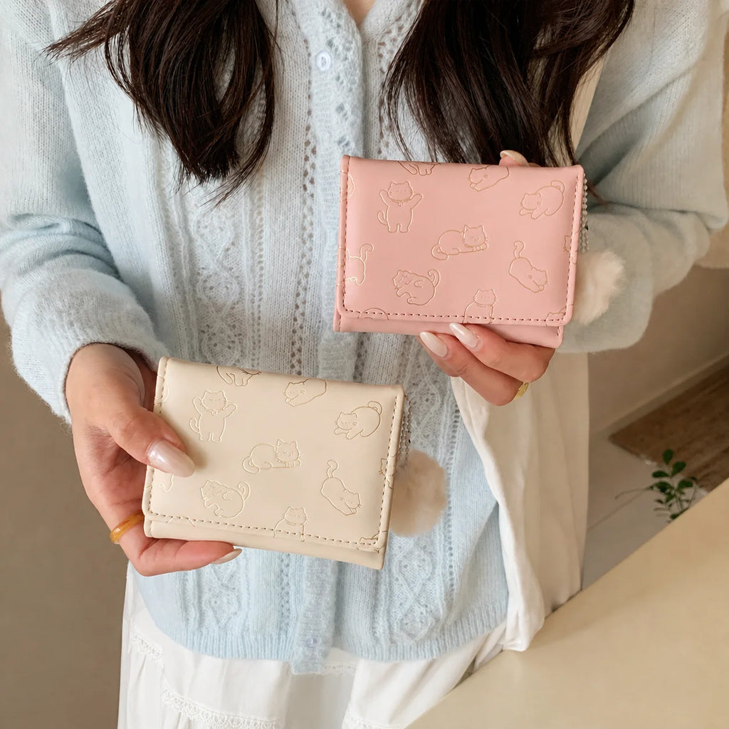 Women's Tri-Fold PU Wallet – Cute Cat Pom Pom Card Purse Women's Wallet SWANS