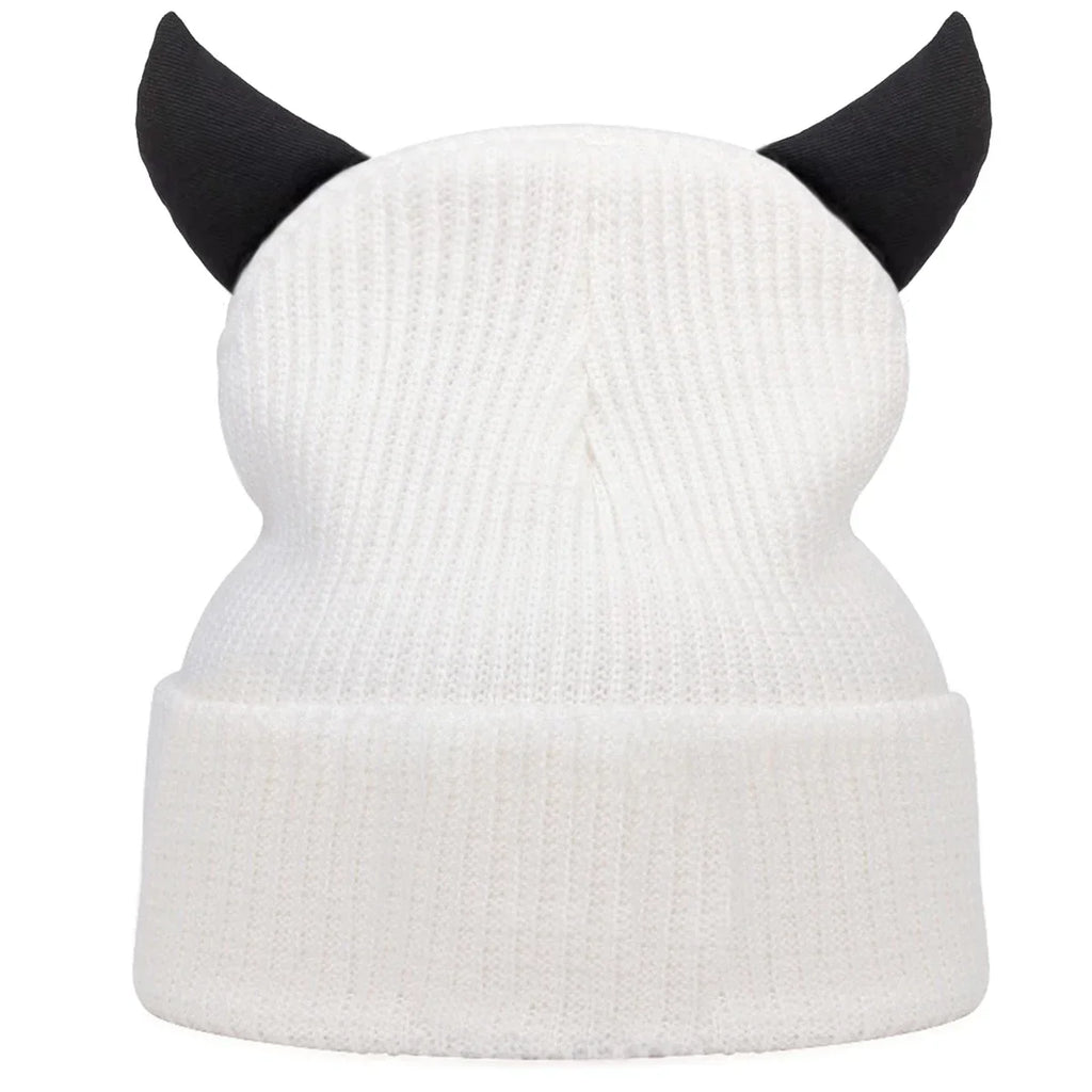 Unisex Bull Horn Beanie Hat – Hip Hop Knit Cap Women & Men Knit Beanie Hat SWANS White