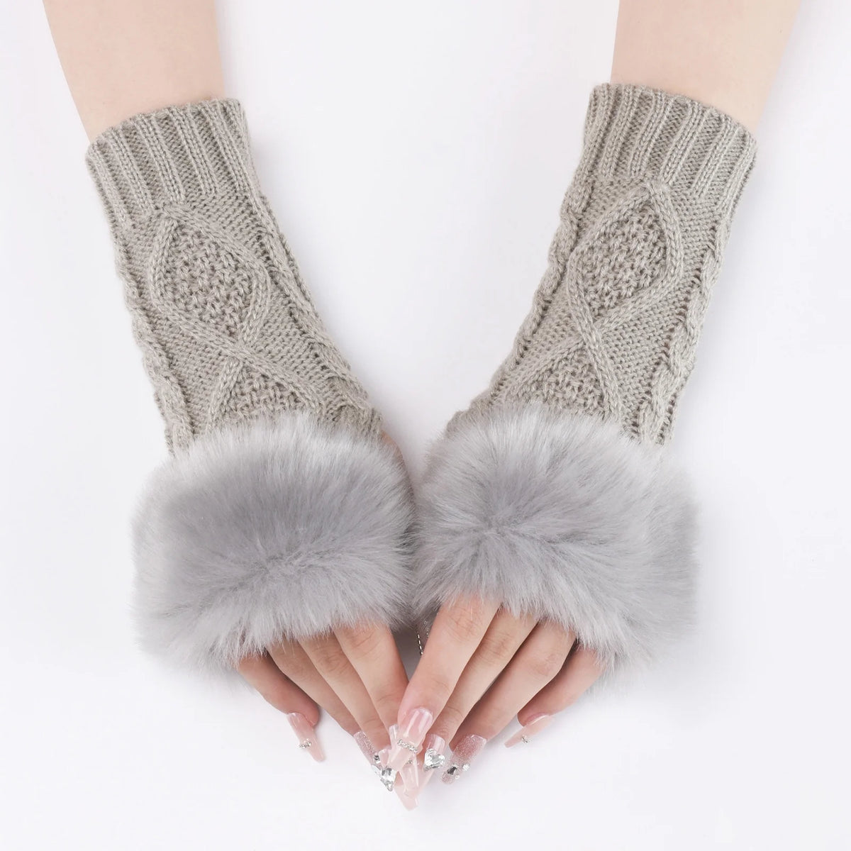 Women's Cable Knit Fingerless Gloves with Faux Fur Cuff Fingerless Gloves SWANS