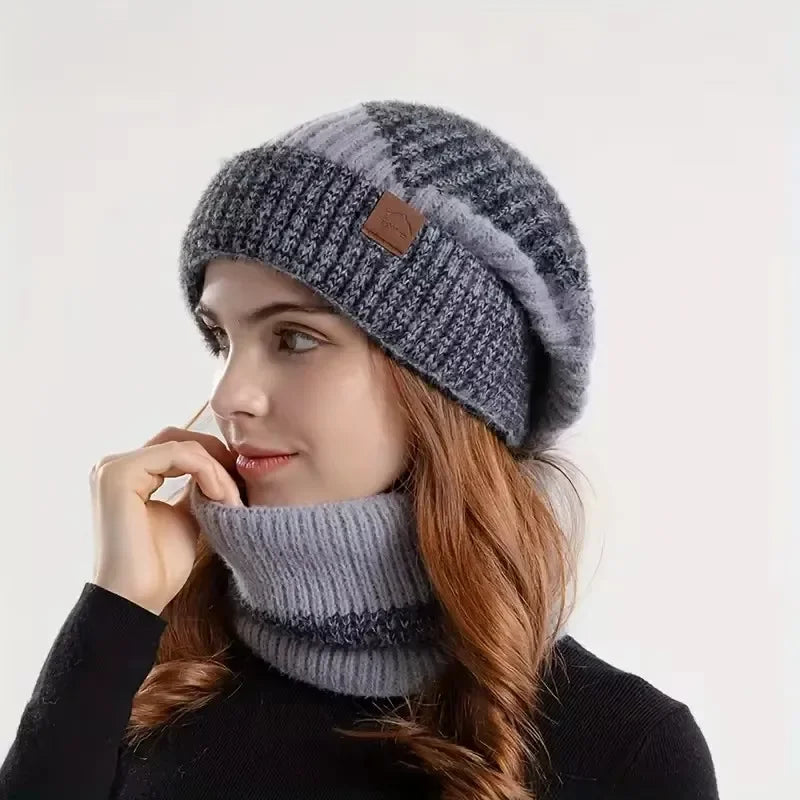 Women's Two-Tone Knitted Beanie & Velvet Bib Set | Winter Hat Winter Beanie Set SWANS