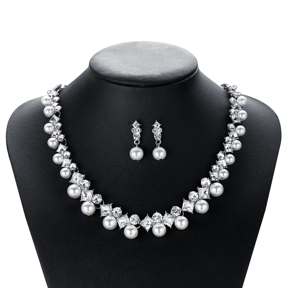 Pearl Rhinestone Necklace & Earrings Set – Wedding Jewelry Jewelry Set SWANS