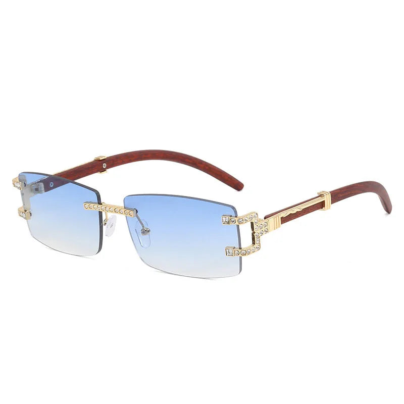 Y2K Rimless Crystal Rhinestone Sunglasses UV400 Women Men Fashion Sunglasses SWANS Gold Light Blue As the photo