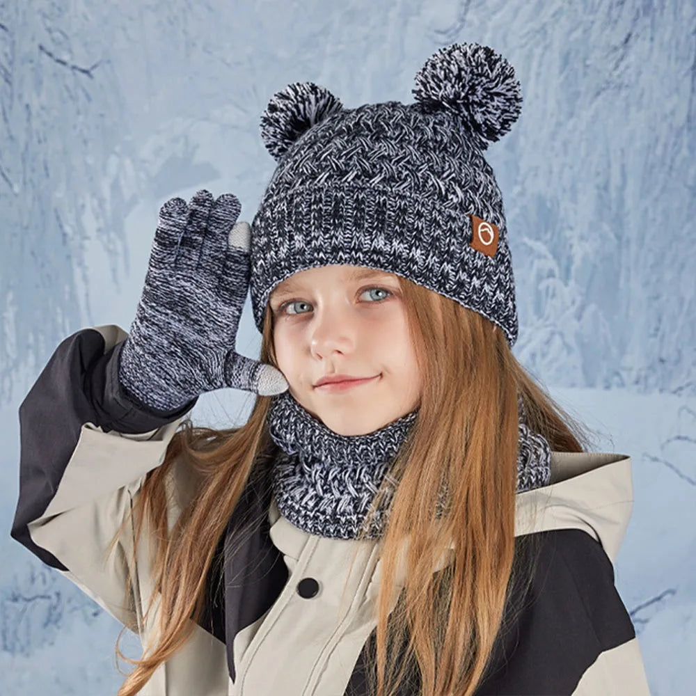 Kids Winter Knit Beanie Hat, Gloves & Scarf Set with Pom Fleece Kids Winter Accessory Set SWANS Black